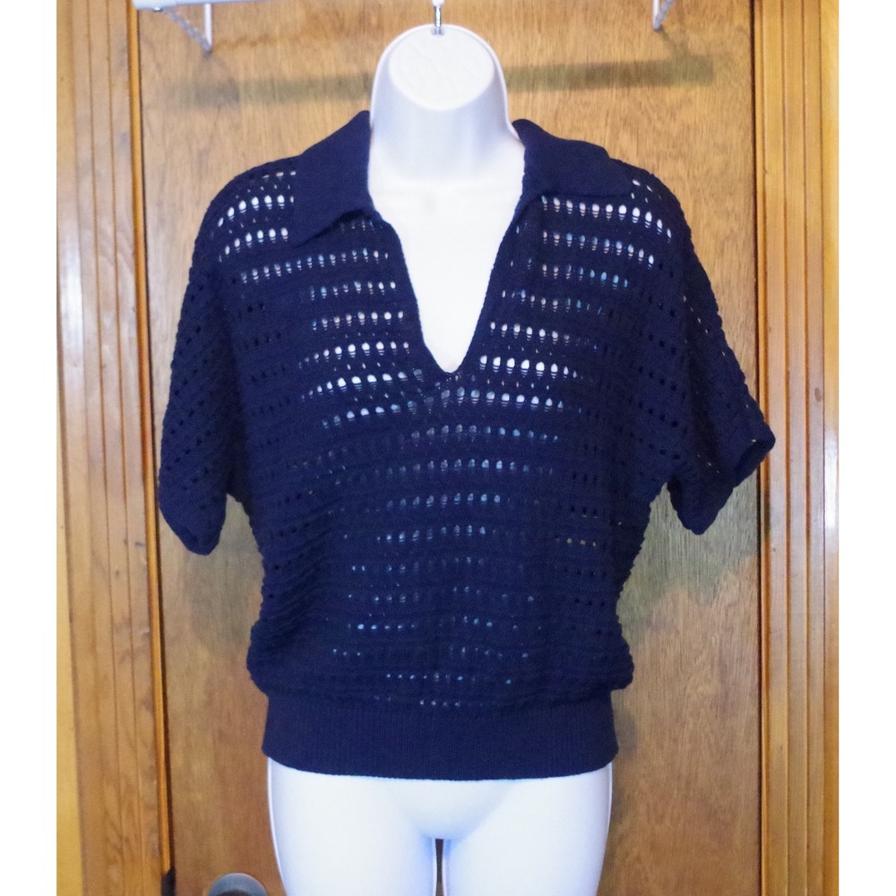 Loft Outlet Woman XS Navy Blue Crochet Knit Sweater Short Sleeve V-Neck Cotton
